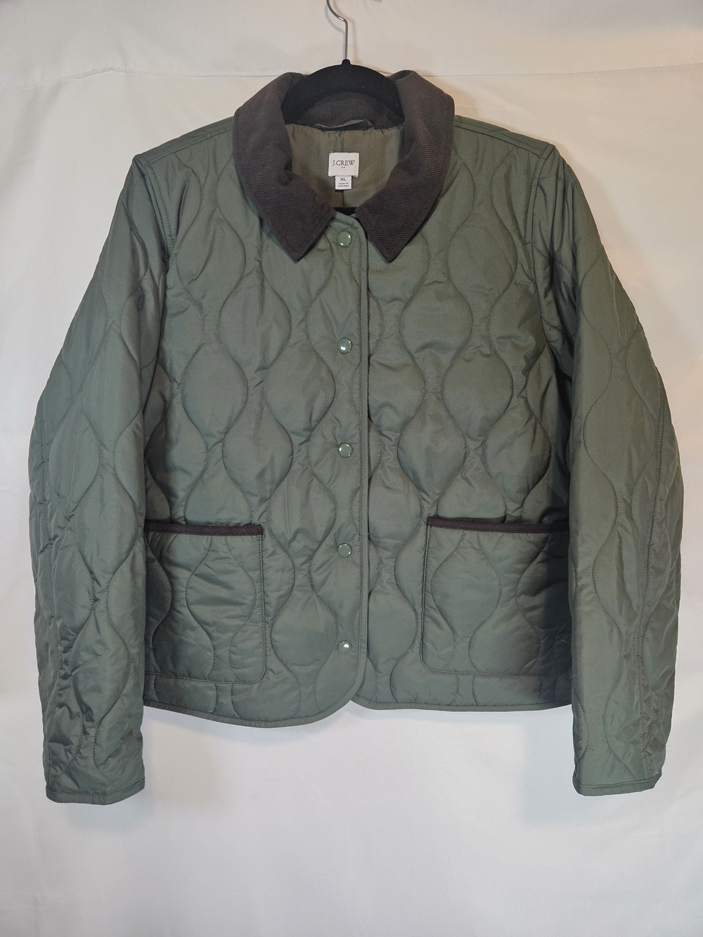 J. Crew Quilted Olive Green Puffer Jacket with Dark Brown Collar